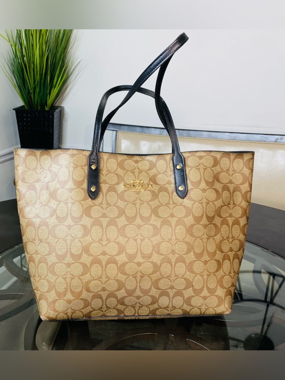 Coach Signature Tote Bag Womens Large Brown Canvas Leather Shoulder Logo Town - Picture 2 of 10